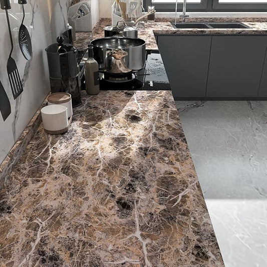 BAYYA Extra Wide Marble Granite Peel and Stick Wallpaper Brown Thicken Waterproof Self-Adhesive 31.5x354inch Dark Countertop Contact Paper for Kitchen Bathroom DIY Wall Stickers Marble Vinyl Wrap