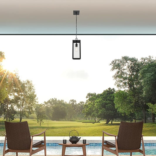 Globe Electric 44773 1-Light Outdoor Pendant, Matte Black, Clear Glass Shade, E26 Base Socket, Kitchen Island, Café, Ceiling Hanging Light Fixture, Modern, Vintage, Porch Light, Bulb Not Included