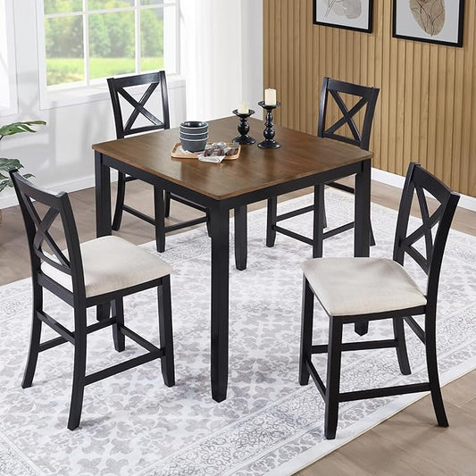 5 Piece Counter Height Dining Set with 4 Chairs, Classic Wooden Table for 4, Farmhouse Style Dining Room Set for Kitchen, Black and Oak Two Tone