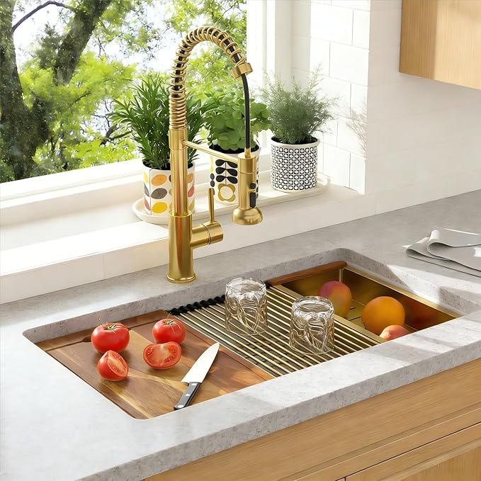 Lordear 33 Inch White Kitchen Sink Granite Composite Undermount Kitchen Sink Workstation 33x19 White Quartz Sinks Under Counter Single Bowl with Classic Gold Accessories