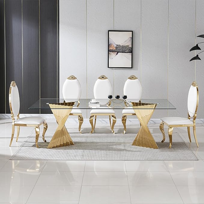 94" Modern Glass Gold Dining Table for 8-10, Luxury Kitchen Table with Tempered Glass Top & Mirror Finish Stainless Steel Base, Large Dinner Pedestal Tables for Home Banquet Hall Room, Only Table