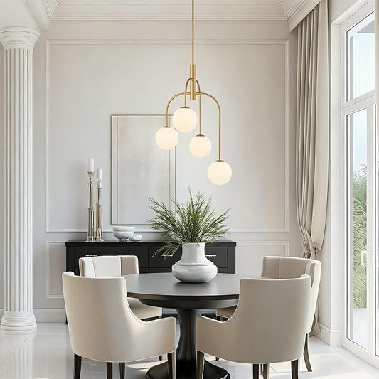 LamQee 4 Lights Mid Century Modern Chandelier, Milk Glass Globe Chandelier Light Fixture with Gold Metal & White Ball, Large Pendant Lighting Ceiling Hanging for Dining Room Kitchen Island Entryway