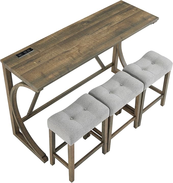 LKTART Dining Bar Table and Chairs Set 4 Piece with Power Outlet, Bar Table Set with 3 Padded Stools, Industrial Breakfast Table Set for Living Room Dining Room Game Room