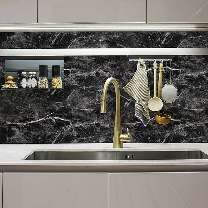 Abyssaly Black Marble Paper Granite Wallpaper 15.7" X 118" Countertop Peel and Stick Self Adhesive Thicken for Kitchen Bathroom and Furniture