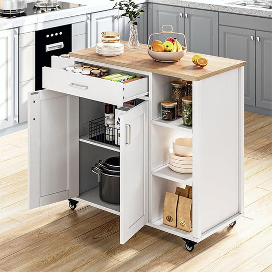 YITAHOME 37" Rolling Kitchen Island Cart with Storage, Butcher Block Island on Wheels, Mobile Kitchen Storage Carts with Shelves & Spice Rack, White