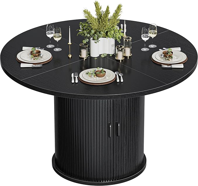 47 Inch Round Dining Table for 4-6 Round Table Kitchen Modern Round Dining Room Table with 2-Layer Storage Shelf and Wood Slide Door Circle Kitchen Tables for Dining Room Black