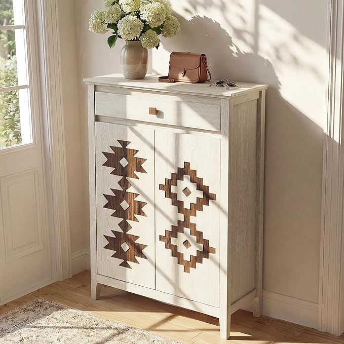 5-Tier Shoe Cabinet with Drawers, Wooden Shoe Storage Cabinet with Adjustable Shelves,Simple Tribal Style Freestanding Walnut Shoe Cabinet Suitable for Entrance,Corridor,Cloakroom,White
