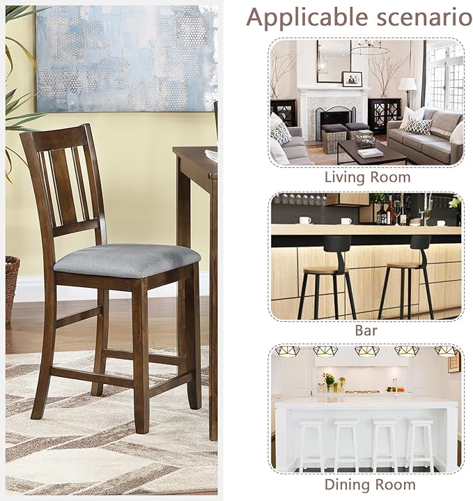 Set of 4 Dining Chairs, Wooden Kitchen Chairs with Padded Cushion, Upholstered Stools for Kitchen Island, Dining Room, Living Room, Easy Assembly (Walnut - Slatted backrest)