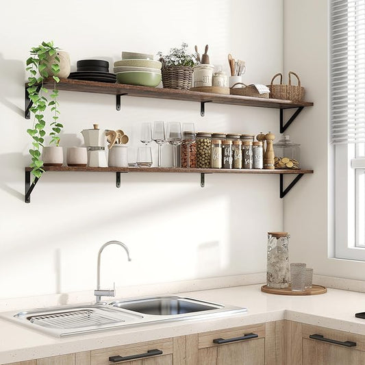 Axeman 55 Inch Floating Shelves | 8 Inch Deep Brown Wall Shelves Set of 2 | 55" W x 8" D Rustic Brown Wood Shelves for Bathroom Kitchen Living Room