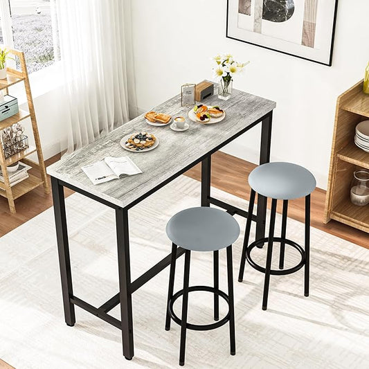 AWQM 39.3" Bar Table Set of 2,Faux Marble Pub Height Table and Chairs Set of 2 with Upholstered Stools,3 Piece Bar Table and Chairs Set Dining Table Set for Living Room,Kitchen,Bar,Grey
