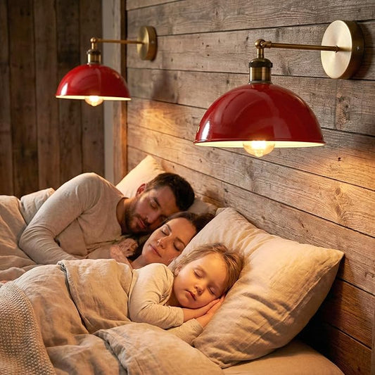 Dome Metal Wall Sconce, 180° Adjustable Industrial Wall Lamp for Bedside, Study, Kitchen, and Living Room Décor. (Red.)