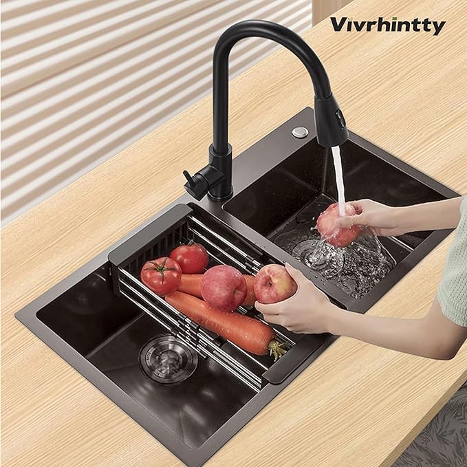 30-inch Black Kitchen Sink, Double Bowl Drop-in/Top-Mount 304 Stainless Steel with Nano Coating, Includes Drain Assembly & Fruit Basket for Modern Kitchen (30.7" x 16.9")