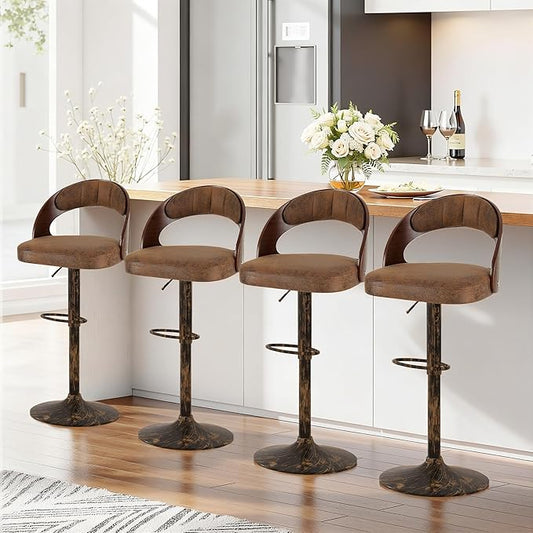 VECELO Bar Stool Set of 4, Kitchen Island Stools with Bentwood Back,Arm&Footrest,360°Swivel Counter Height Stools,PU Leather Cushion Seat Adjustable Height for Club Pub&Kitchen, Rustic Brown