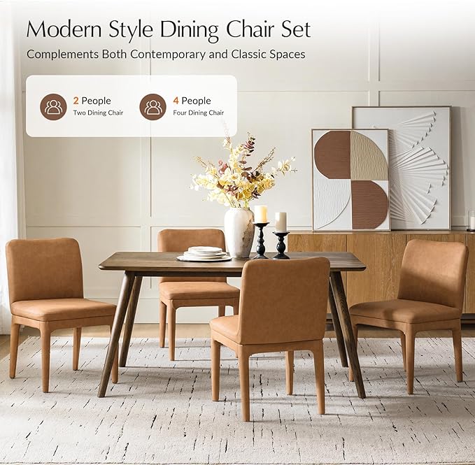 HULALA HOME Faux Leather Dining Chairs Set of 4, Morden Kitchen Chairs with Thick Cushion and Solid Wood Frame, Upholstered Accent Side Chair for Kitchen Dining Living Room Restaurant, Camel