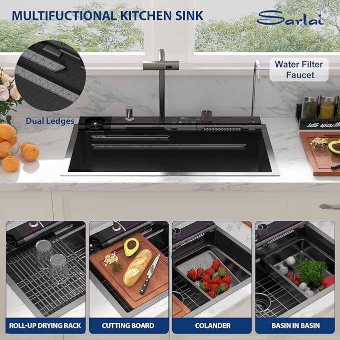 Sarlai Waterfall Kitchen Sink - 30 Inch Black Drop In Workstation Sink With Waterfall 33x19 Inch Black Stainless Steel 16 Gauge Multifunction Single Bowl Top Mount Kitchen Sinks with HoneyComb Finish