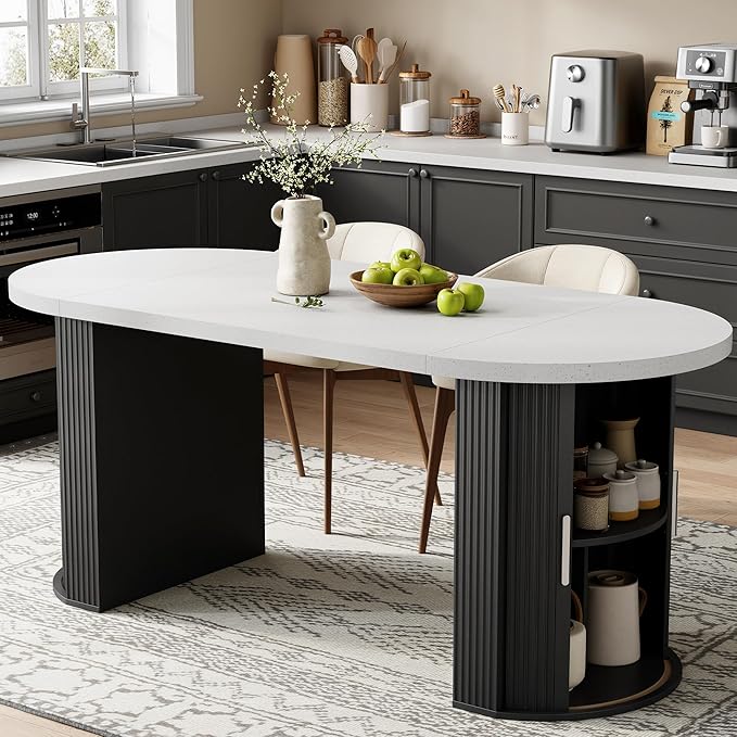 IRONCK 71" Oval Dining Table for 4-6 with Hidden Storage, Modern Farmhouse Kitchen Table with Fluted Semi-Cylindrical Legs, Faux Quartz Top for Dining Room, Kitchen, Living Room & Home Office (Black)