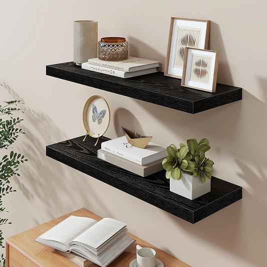 Fun Memories 36 Inch Floating Shelves in Black, 9.3 Inch Deep Floating Shelf for Bathroom Living Room Kitchen, Rusitc Wall Mounted Bathroom Shelves 2 Pack, Heavy-Duty Deep Shelf for Books Decor