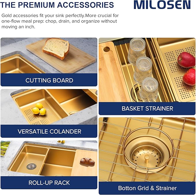 MILOSEN 32 Inch Gold Undermount Kitchen Sink, 32" x 18" Gold Workstation Sinks, Stainless Steel Single Bowl Sink with Custom Accessories, Modern Under Counter Design, 9'' Large and Deep Kitchen Sinks