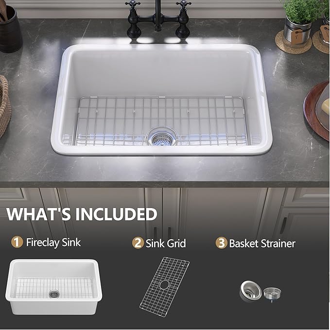 GETPRO White Undermount Kitchen Sink 27 inch Fireclay Porcelain Farmhouse Sink Drop in 27X19 Single Bowl Topmount Deep Farm House Style Easy to Clean for Bar, Kitchen, Laundry, Outdoor