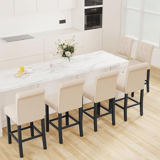 LSSBOUGHT Counter Stools Set of 4,24 inches Upholstered Counter Height Chairs with Button-Tufted and Solid Wood Legs(Beige)