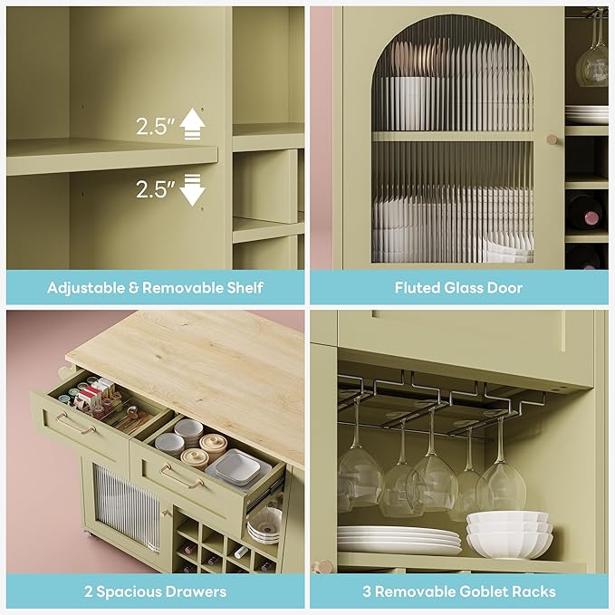 LIKIMIO Rolling Kitchen Island with Storage, 39.4" W Mobile Cart with Power Outlet & Drop Leaf Table, 2 Drawers, Removable 12 Grids, 3 Wine Racks, 360°Casters, Adjustable Shelf, Glass Door, Green