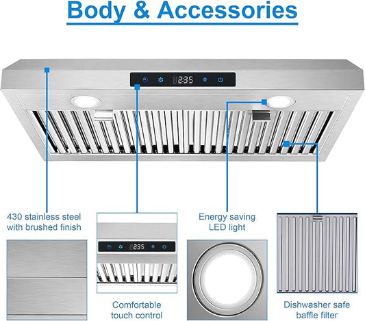 SNDOAS Range Hood 30 Inch Under Cabinet,Ductless Range Hoods with Touch Control,3-Venting Kitchen hood,Stainless Steel Vent Hood,Under Cabinet Range Hood 30 inch,Hood Vents for Kitchen 3 Speeds