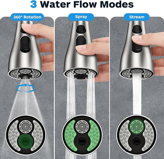 Kitchen Faucet Head Replacement 3 Modes with 17 Adapters, Pull Down Spray Head for Kitchen Faucet, Kitchen Sink Faucet Head G 1/2, Sprayer Head Replacement, Compatible with Moen,Delta, Kohler Faucets