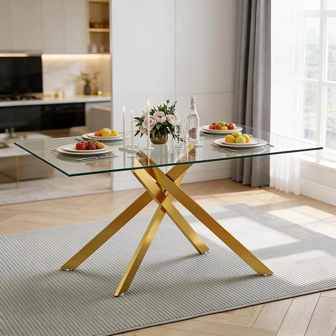 51.18" Rectangular Glass Dining Table, Tempered Glass Small Kitchen Table with Metal Tubular Legs, Stylish and Sturdy Gold Dinner Table for Home and Outdoor