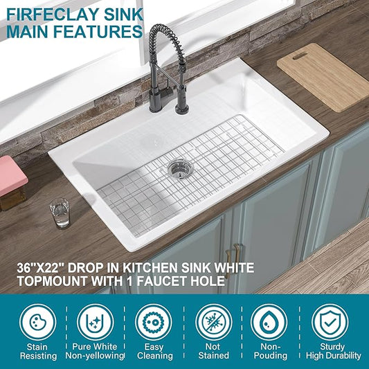 36x22 Drop In Kitchen Sink White 1 Hole, 36 Inch Topmount Fireclay Sink Drop In Single Bowl, Heavy Duty Large Capacity Deep Basin, with 2 Accessories, Pure White, for Kitchen