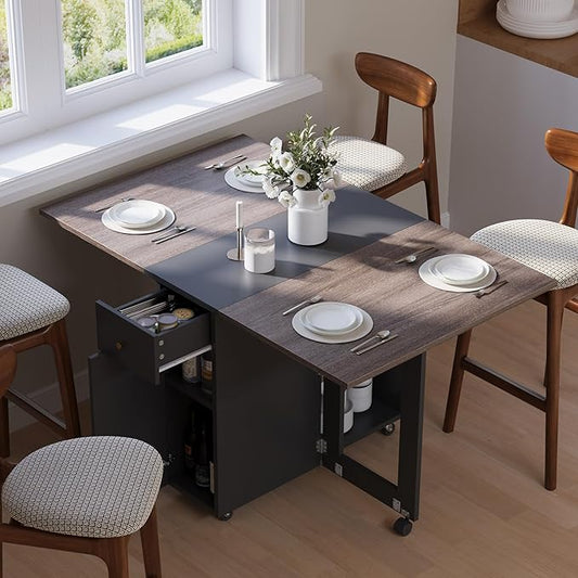 LotFun Folding Dining Table, Space Saving Table with 6 Wheels, Movable Kitchen Dining Table for Small Spaces, Drawer and 2-Tier Storage Racks