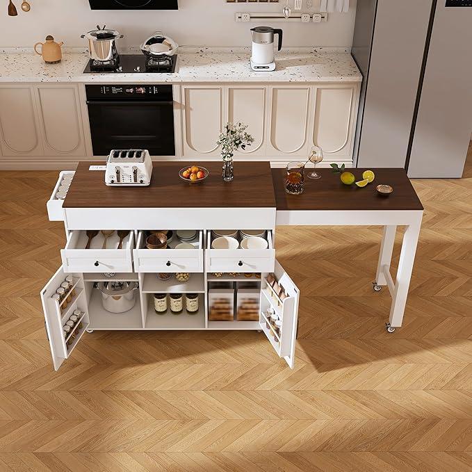74.8" Kitchen Island with Extendable Dining Table Power Outlet Rolling Storage Cart on Wheels with 3 Drawers 2 Door Cabinet for Dining Room, White