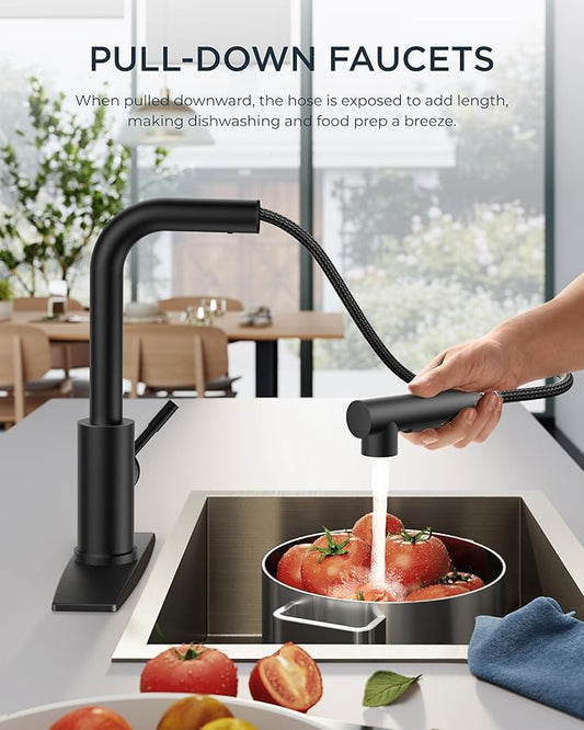 FORIOUS Black Kitchen Faucet with Pull Down Sprayer, Stainless Steel Single Handle Classic Pull Out Bar Sink Faucet for Farmhouse Laundry RV, with Deck Plate for 1 or 3 Holes