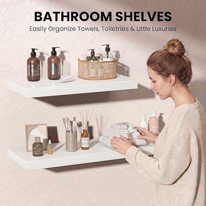 12 Inch Deep Floating Shelves, 60W x 12D Floating Shelf for Books, Rustic Wood Deep Wall Shelves for Home Storage & Display, 1.5" Thicked Shelves for Kitchen, Living Room, Bedroom, White, 2 Pack