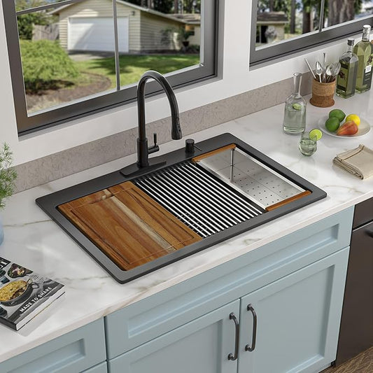 33"x22" Granite Composite Kitchen Sink - Matte Black Ledge Workstation Drop-In Top Mount Quartz Classic Above Counter Single Bowl Basin
