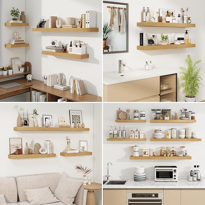 fuqing Floating Shelves for Wall, Wall Mounted Wood Floating Shelf with Invisible Brackets for Living Room, Bathroom, Bedroom, Kitchen Storage and Decor, 30 Inch Set of 2, Oak