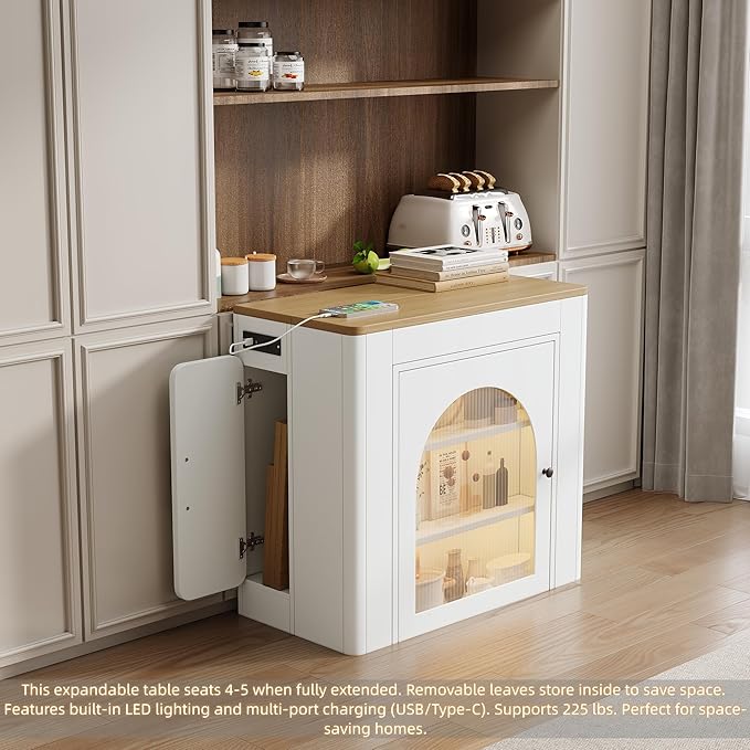 Merax 59" Rolling Kitchen Island with Extendable Table, Storage Cabinet and Power Outlet, Mobile Kitchen Islands Cart on Wheels for Small Space Dining Living Room, White