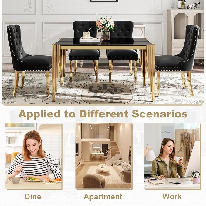 Modern Rectangle Glass Dining Table for 4-6 People, 53" Black Tempered Glass Desktop with Gold Mirrored Stainless Steel Legs for Apartments, Dinner, Home Office