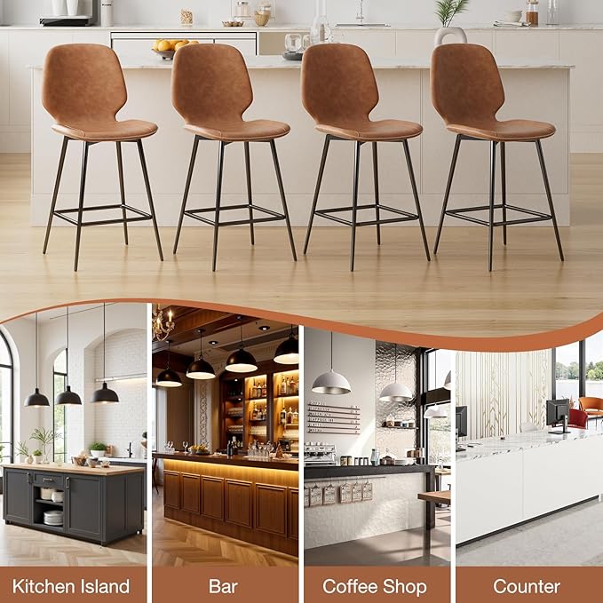 HOMMPA Counter Height Bar Stools Set of 2 Faux Leather 24'' Countertop Stool Chairs with Metal Legs Ergonomic Back Barstools for Kitchen Island Home Brown
