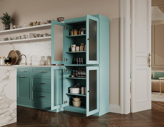 Palace Imports 100% Solid Wood Kitchen Pantry w/ 4 Frosted Glass Doors, Aqua, 32" w x 71.5" h, Renewable Eco-Friendly Wood, Made in Brazil