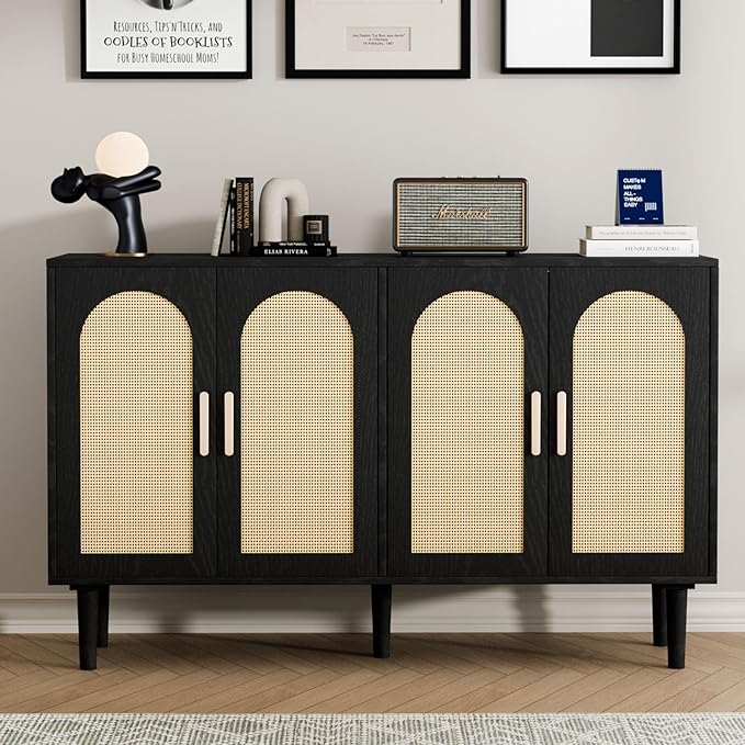 Large Sideboard Buffet Cabinet with Storage, Modern Credenza Buffet Table Coffee Bar Wine Bar Storage Cabinet with Artistic Carved Handle for Dining Room Living Room, (Black&Oak)