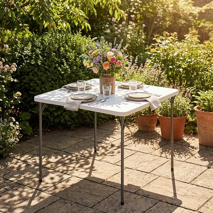 34" Square Folding Table for 4 Person, 330lbs Weight Capacity Foldable Table with HDPE Tabletop & Heavy-Duty Steel Legs, Large Portable Picnic Table for Indoor Outdoor Parties, Camping, White