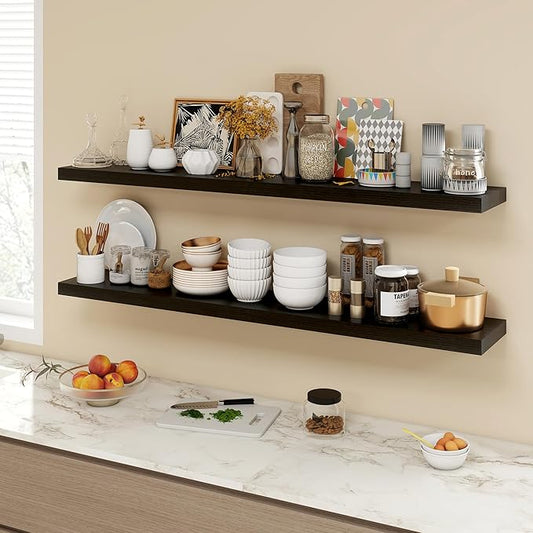 Acovy 55 Inch Floating Shelves, 9.3" Deep Floating Shelf Wall Mounted, 56" Wall Shelves, Rustic Deep Bookshelf, Large Display Shelves & Storage Shelves for Bedroom, Living Room, Black, Set of 2
