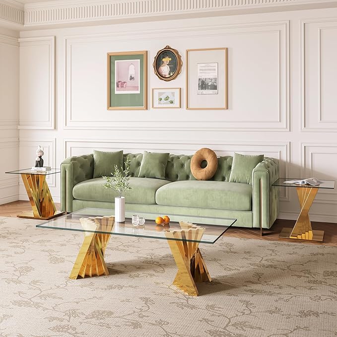 AF ARTISAN FURNITURE Glass Coffee Table, 51 Inch Rectangular Tempered Glass Coffee Table with Stainless Steel Legs, Central Table Cocktail Table Tea Table for Living Room Office, Gold