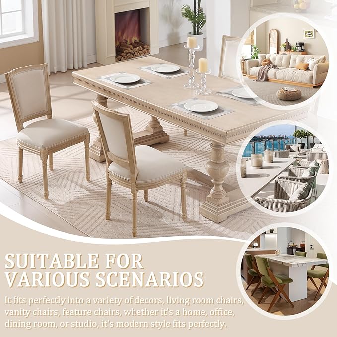 Farmhouse Vintage Dining Chairs Set of 4, Linen Fabric Dining Chairs with Square Rattan Backrest, Kitchen & Dining Room Chairs for Restaurant/Living Room (Beige-Padded, Set of 4)