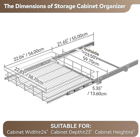 2 Tier Pull Out Cabinet Organizer 24" W X 22" D, Slide Out Drawers For Kitchen Cabinets, Pull Out Drawers For Cabinets Capacity Heavy Duty Caddy, Cabinet Pullout Shelves Chrome-Plated, Bathroom Pantry