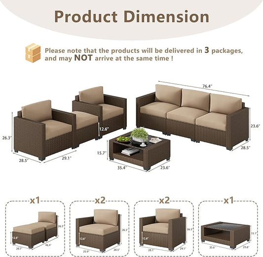 LOUVIXA 7 Piece Outdoor Patio Furniture Set, Rattan Chairs Glass Table Wicker Conversation Seating Sectional Sofa with Cushions (Brown-Camel, 7Pcs-2 Layer Coffee Table)