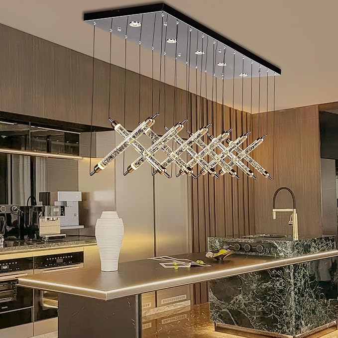 55" LED Rectangular Crystal Chandeliers for Dining Room, Modern Rectangle Crystal Chandelier, Luxury, Dimmable LED with Remote, for Kitchen Island, Dining Room