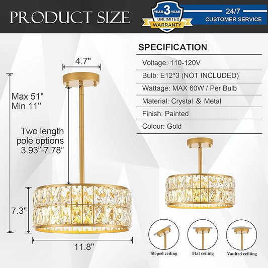 12” 3-Light Modern Crystal Chandeliers Gold Dinning Room Light Fixture, Round Pendant Light Kitchen Island Chandelier, Flush Mount Ceiling Light for Living Room Entryway Bedroom Foyer