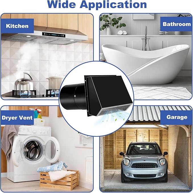8 Inch Hooded Wall Vent with Screen and Damper, 8 Inch Range Hood Wall Vent Cap, Wall Exhaust Vent Cover, Outdoor Hooded Wall Vent for Dryer Vent, Range Hood, Kitchen, Black