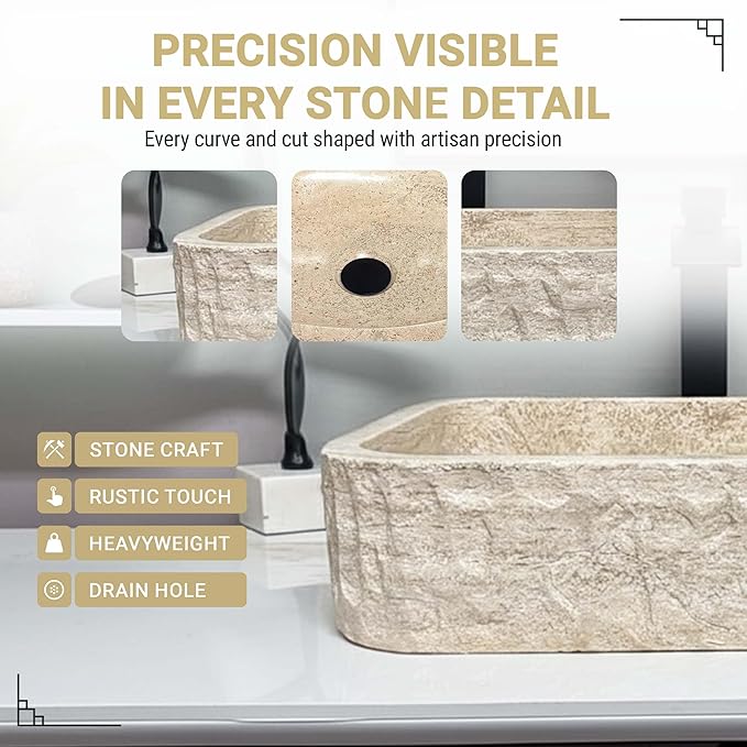 Shades of Nature Rectangular Travertine Vessel Sink, Natural Stone Wash Basin, Hand-Carved Bathroom Sink, Chiseled Exterior, Polished Interior, Above Counter Vanity (Soap Tray Included)
